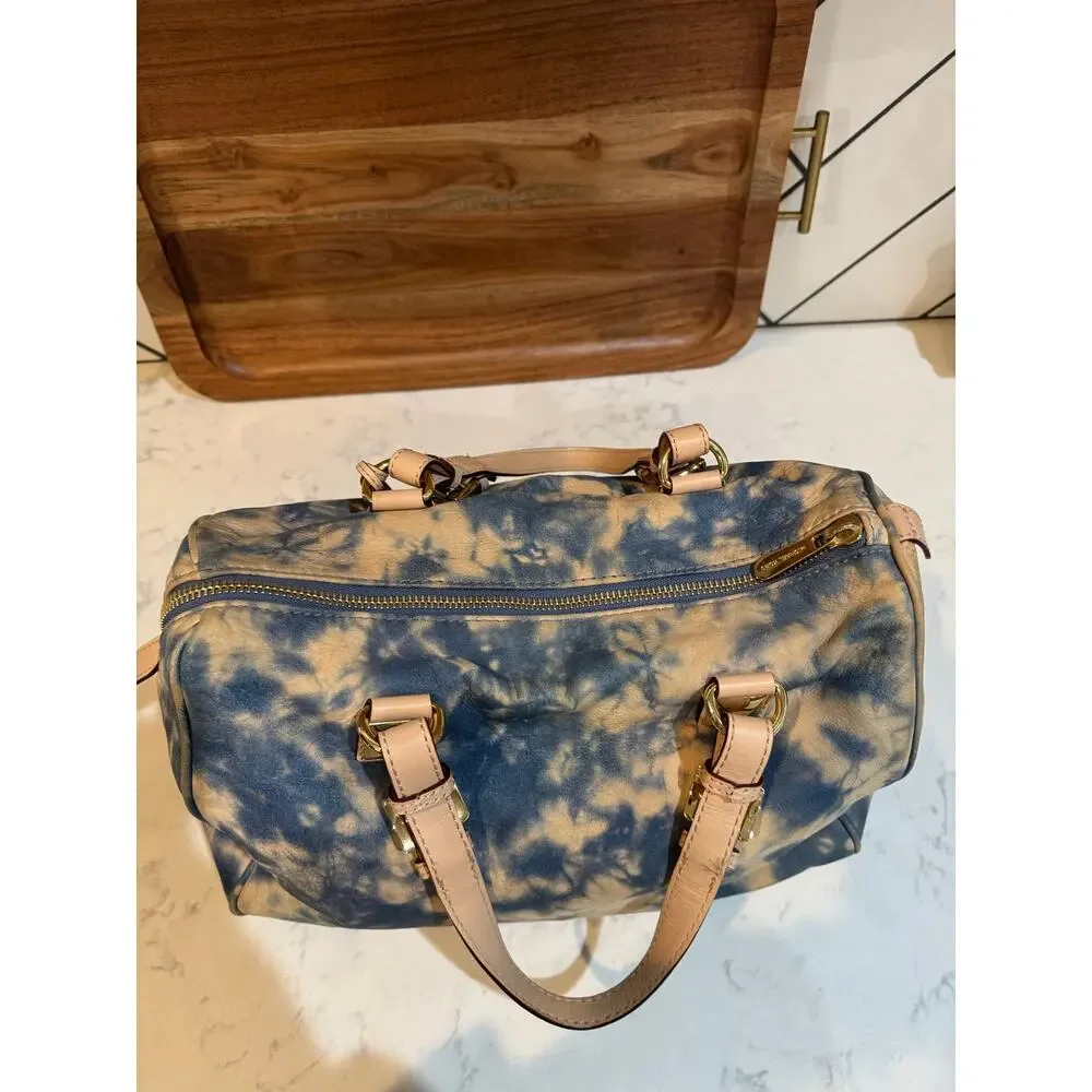 Michael Kors blue beige tie-dye Grayson satchel tan leather trim gold hardware